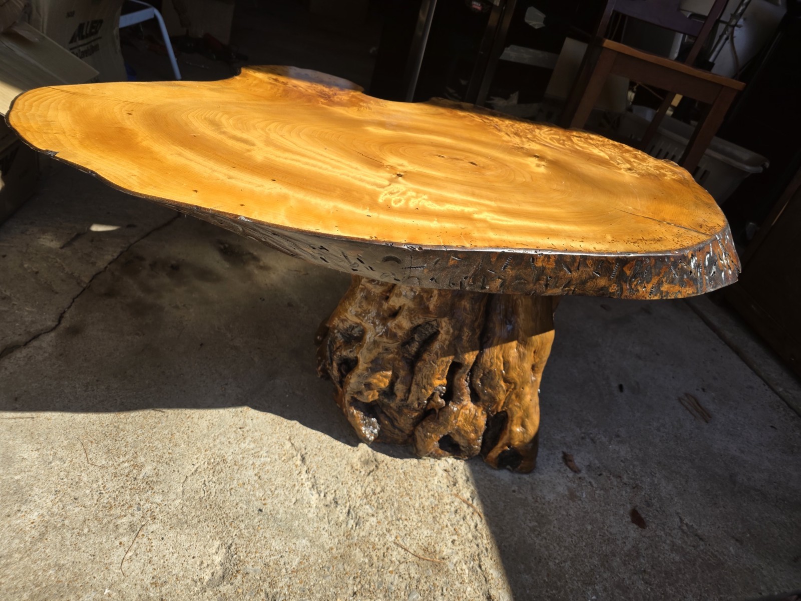: One-of-a-Kind Live Edge Solid Wood Coffee Table with Natural Tree Root Base. v