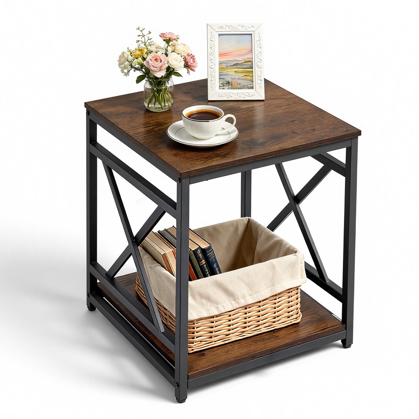 VEVOR End Table 2-Tier Square Side Table with Open Storage Shelves X Metal Frame