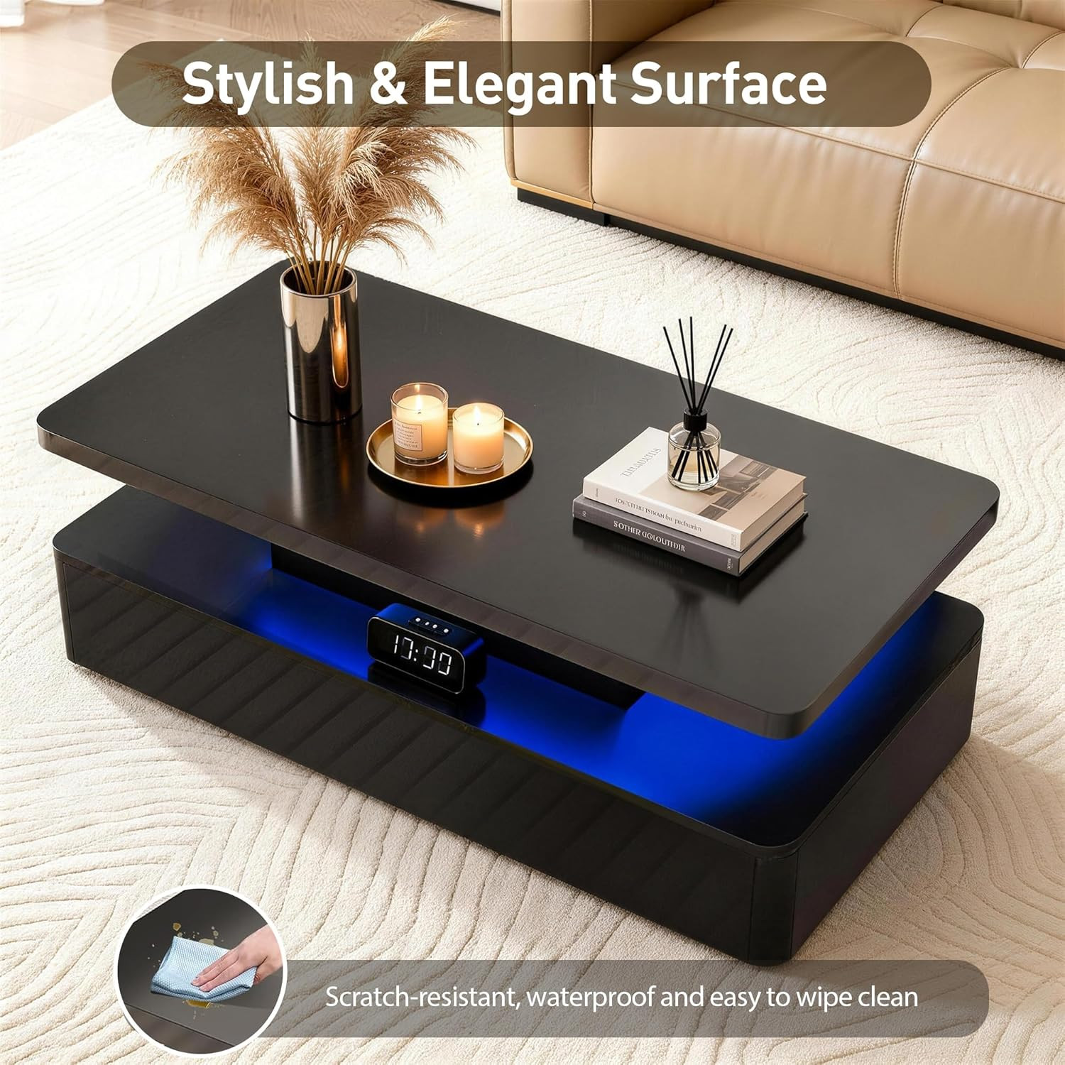 47″ LED Coffee Table with Storage, Modern High Glossy Design for Living Room
