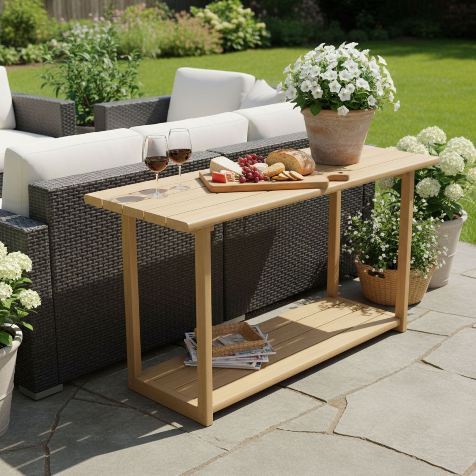 Rectangular Acacia Wood Outdoor Buffet Console Table Light Teak
