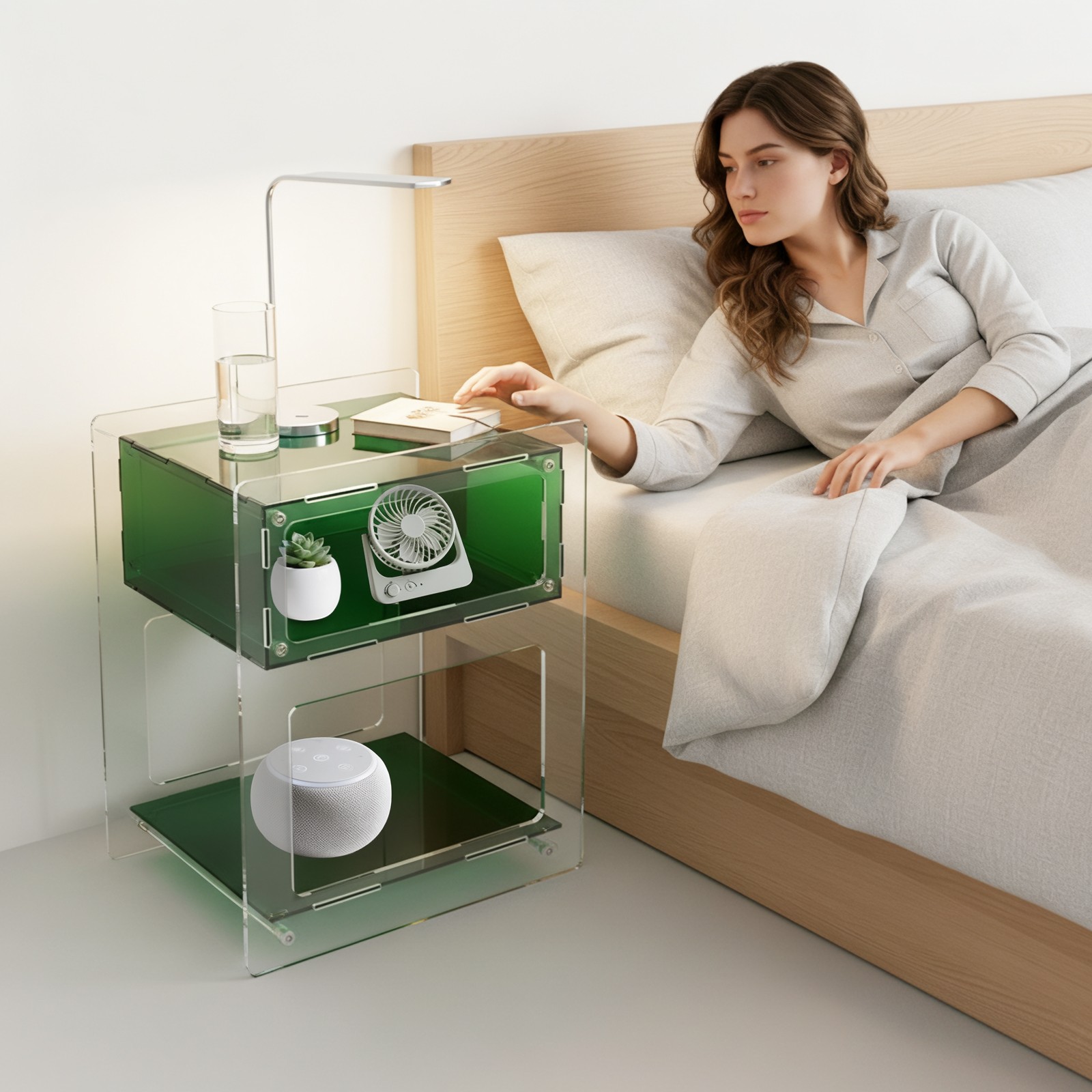 Acrylic Side Table, Acrylic Nightstand Green for Bedroom&Living Room Side Table