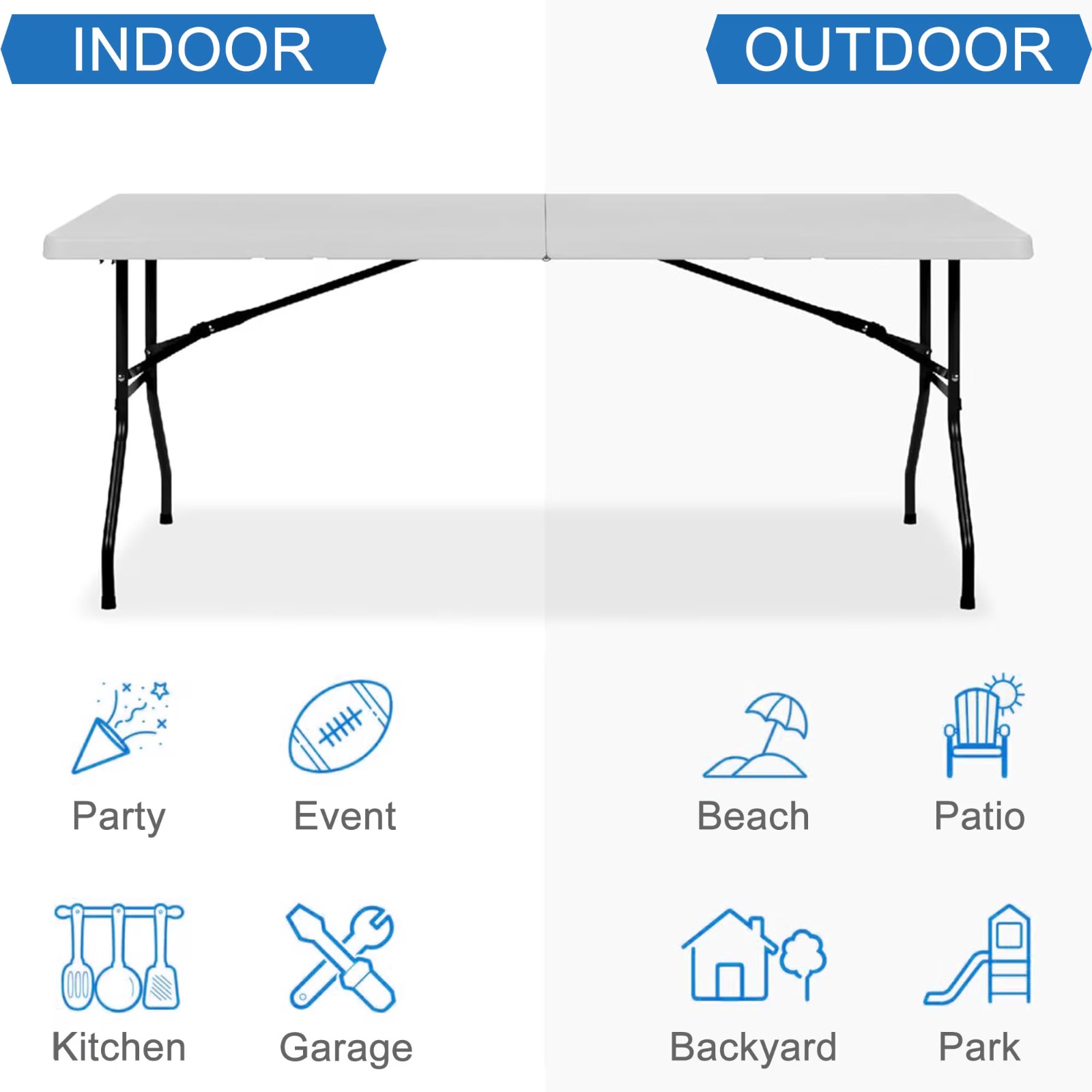 NEW! Leumius 6 Foot Folding Table, Fold-in-Half Plastic Table for Indoor Outdoor