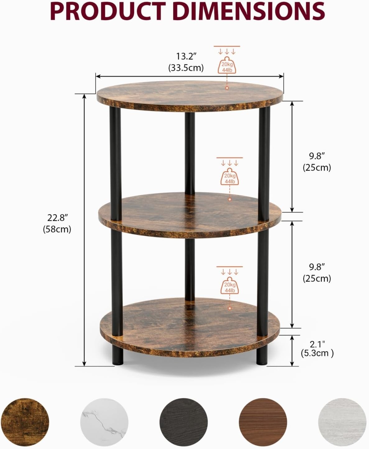 3 Tier Small Round End Table Industrial Vintage Nightstand Side Table Rustic Bro