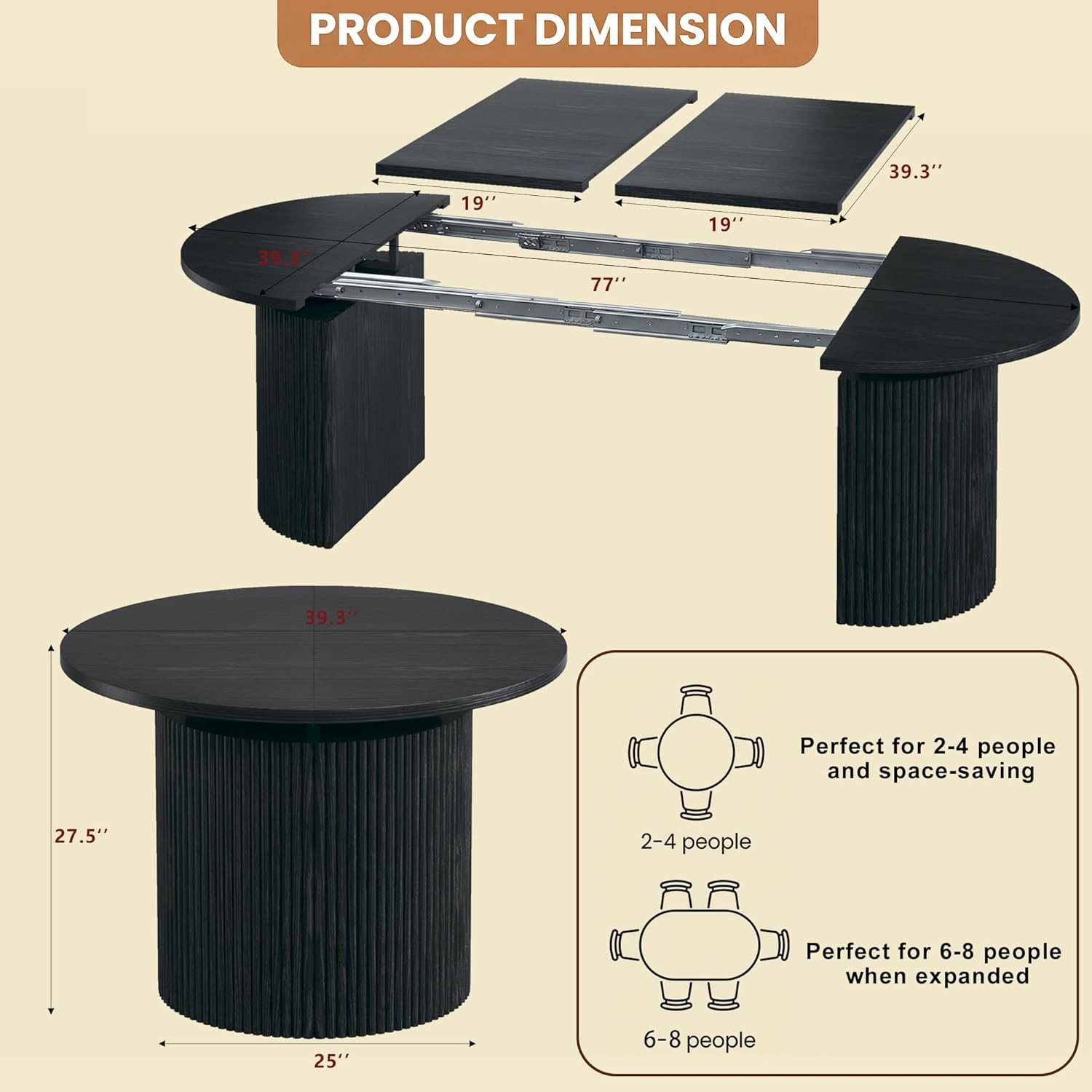 HUAHUU Extendable round Dining Table for 4-8, 39In-77In Long Large Kitchen Table