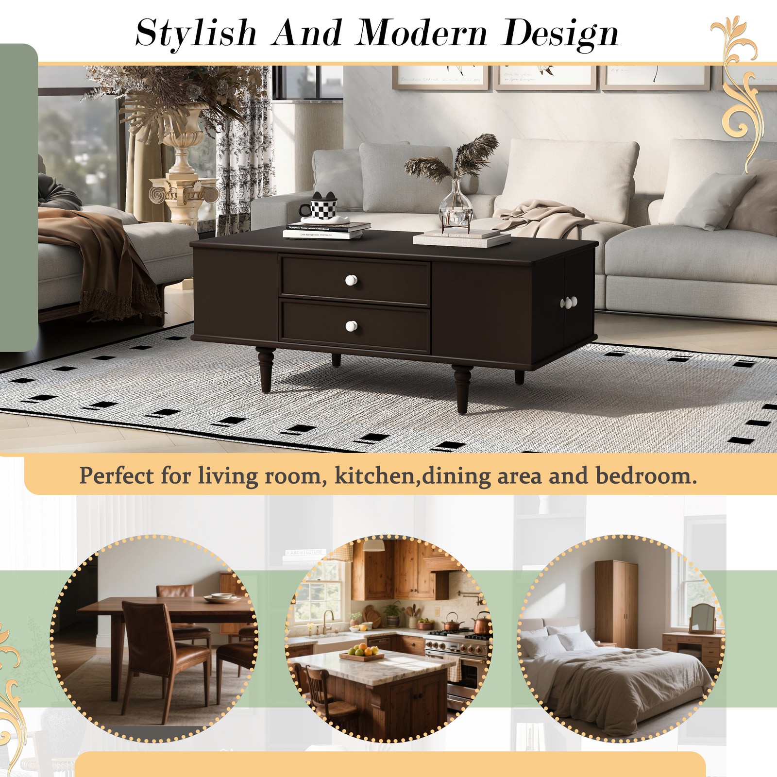 A rectangular coffee table with four drawers and two hidden storage compartments