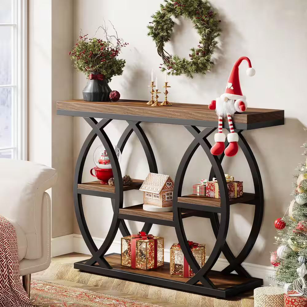 Turrella 39 In. Rustic Brown Rectangle Wood Console Table with Display Shelves,