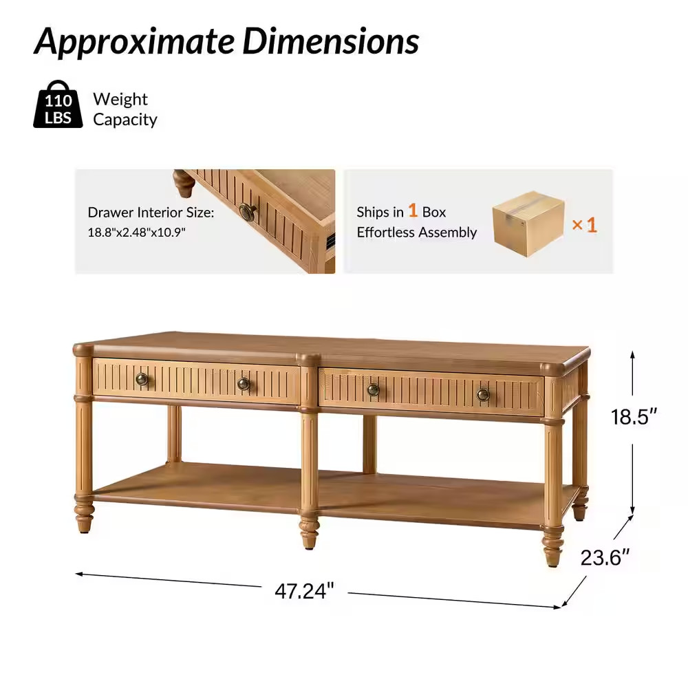 Roland 47 In. Teak Rectangular Wood Coffee Table with Solid Wood Drawers