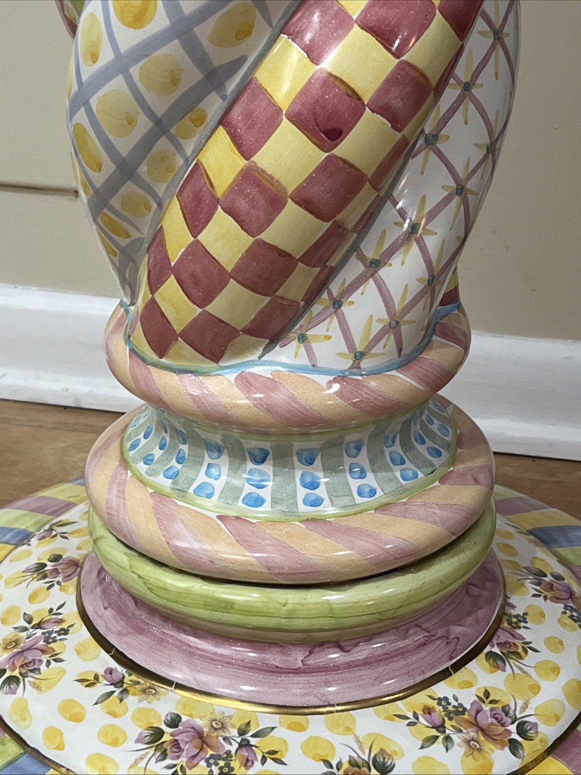 Mackenzie Childs Unique Round pedestal, Plant Stand, Side Table 33” Tall