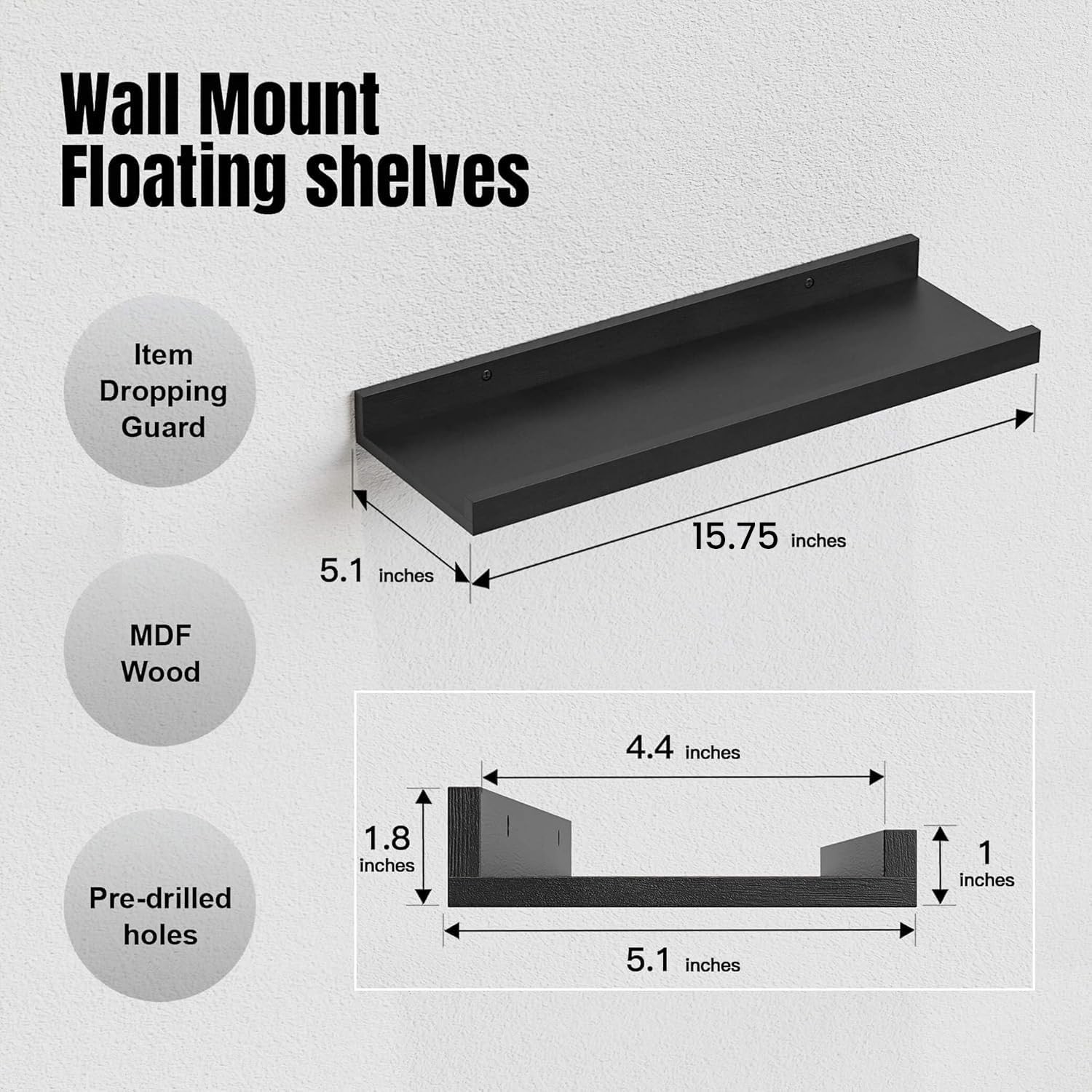 RICHER HOUSE 5 Set Floating Wall Mounted Shelves, Black 5pcs*15.75in,