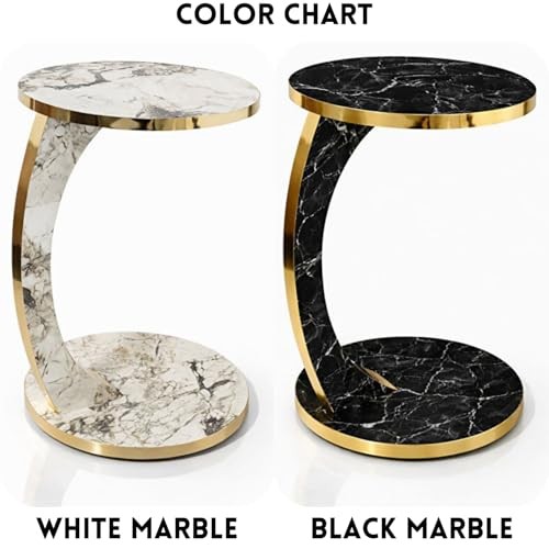 Luxury C Shaped Golden Effect Side Table with Wheels, Premium Faux White Marble