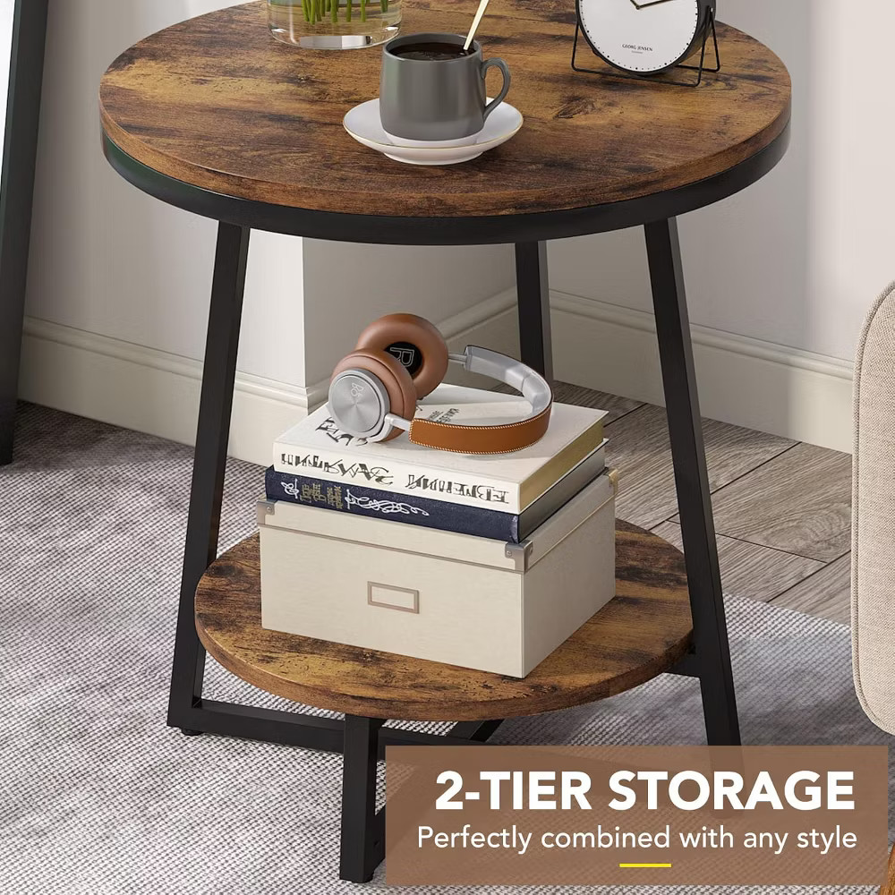 Tribesigns 2pcs 2-Tier Round Side Table with Storage Shelf, Rustic Brown