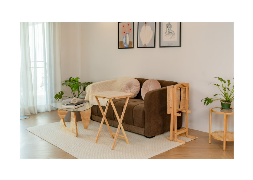 Rubberwood Folding TV Tray Table Set 2Pc Natural with Storage Rack