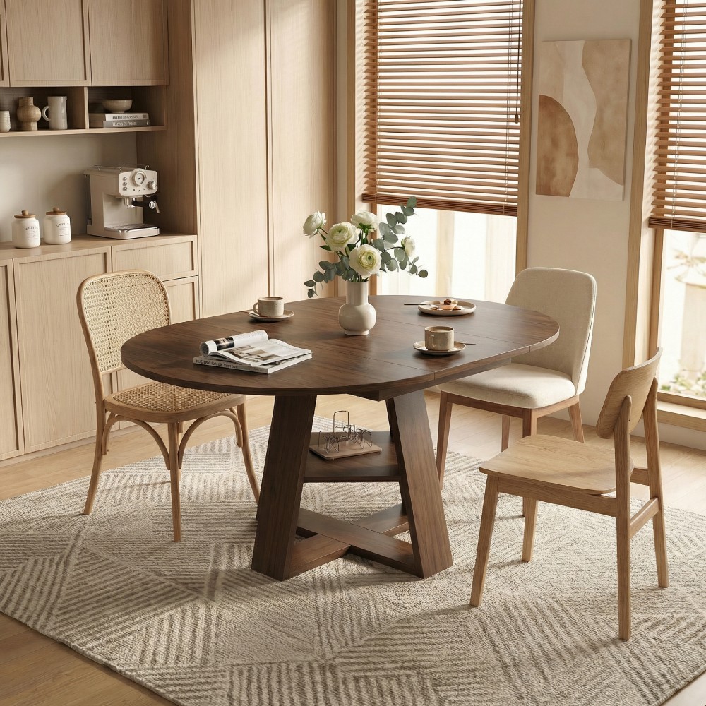 43-59″ Extendable Round Dining Table, Walnut, Space-Saving with Storage Shelf