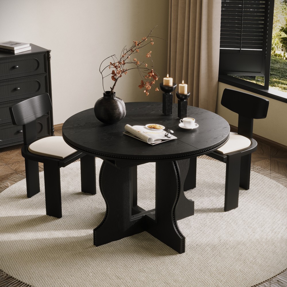 Farmhouse Expandable Round Oval Dining Table Glossy MDF Top Heavy Duty Wood Base