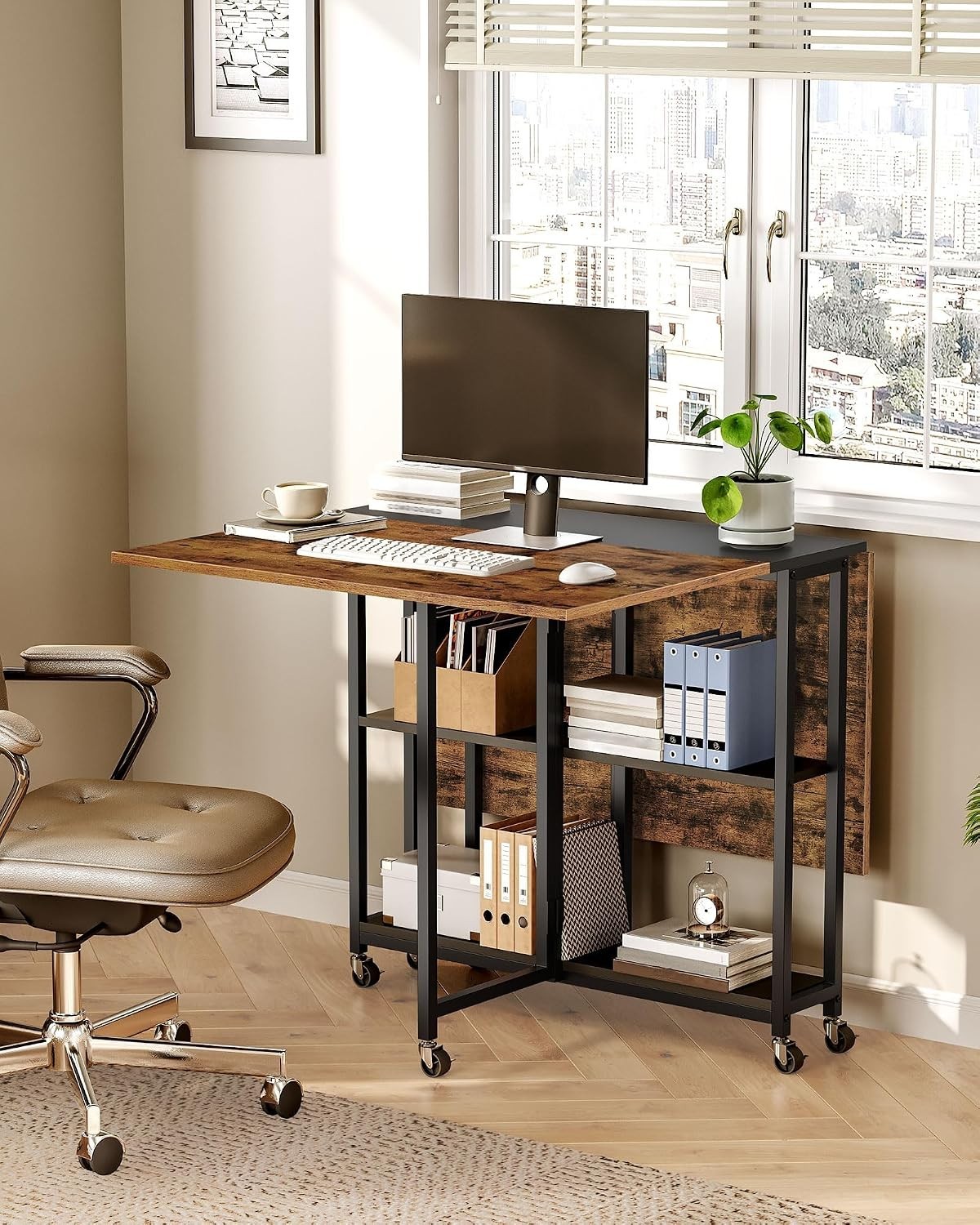 Rustic Folding Dining Table with 6 Wheels & 2-Tier Shelf – 4 Seats, Space-Saving