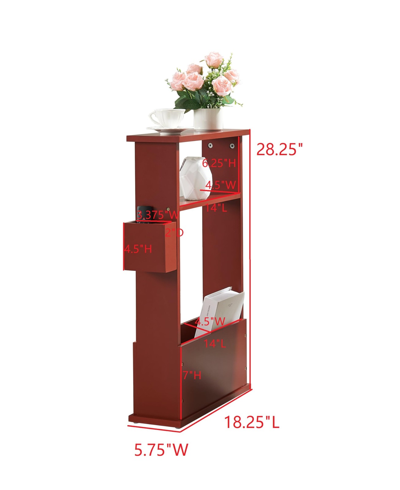 Kings Brand Narrow Side End Table with Storage, Magazine & Remote Holder, Red