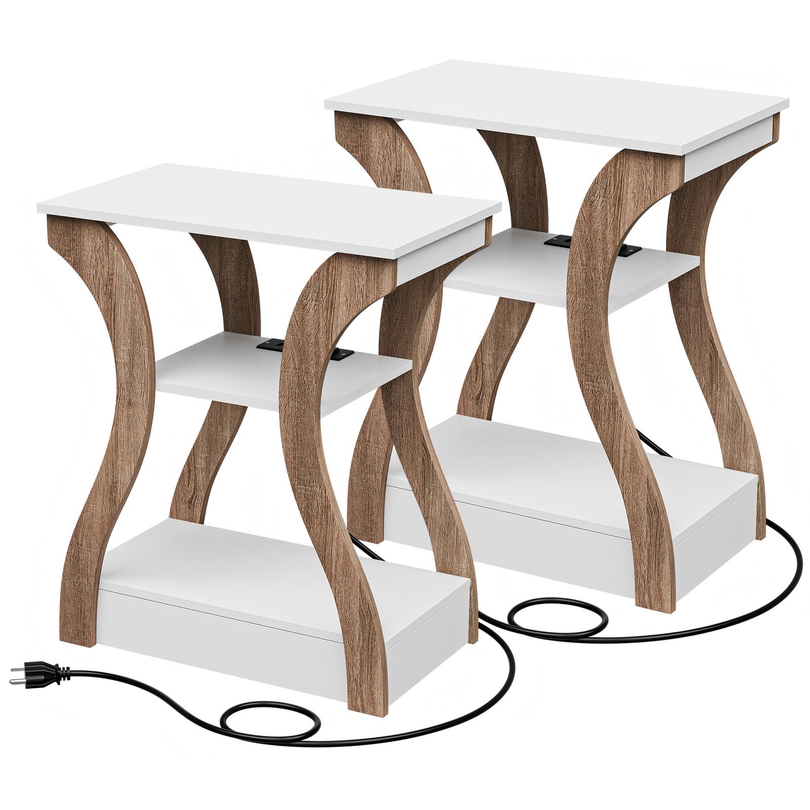 3 Tier End Table w/ USB Charging Station White Storage Shelf for Living Room 2X