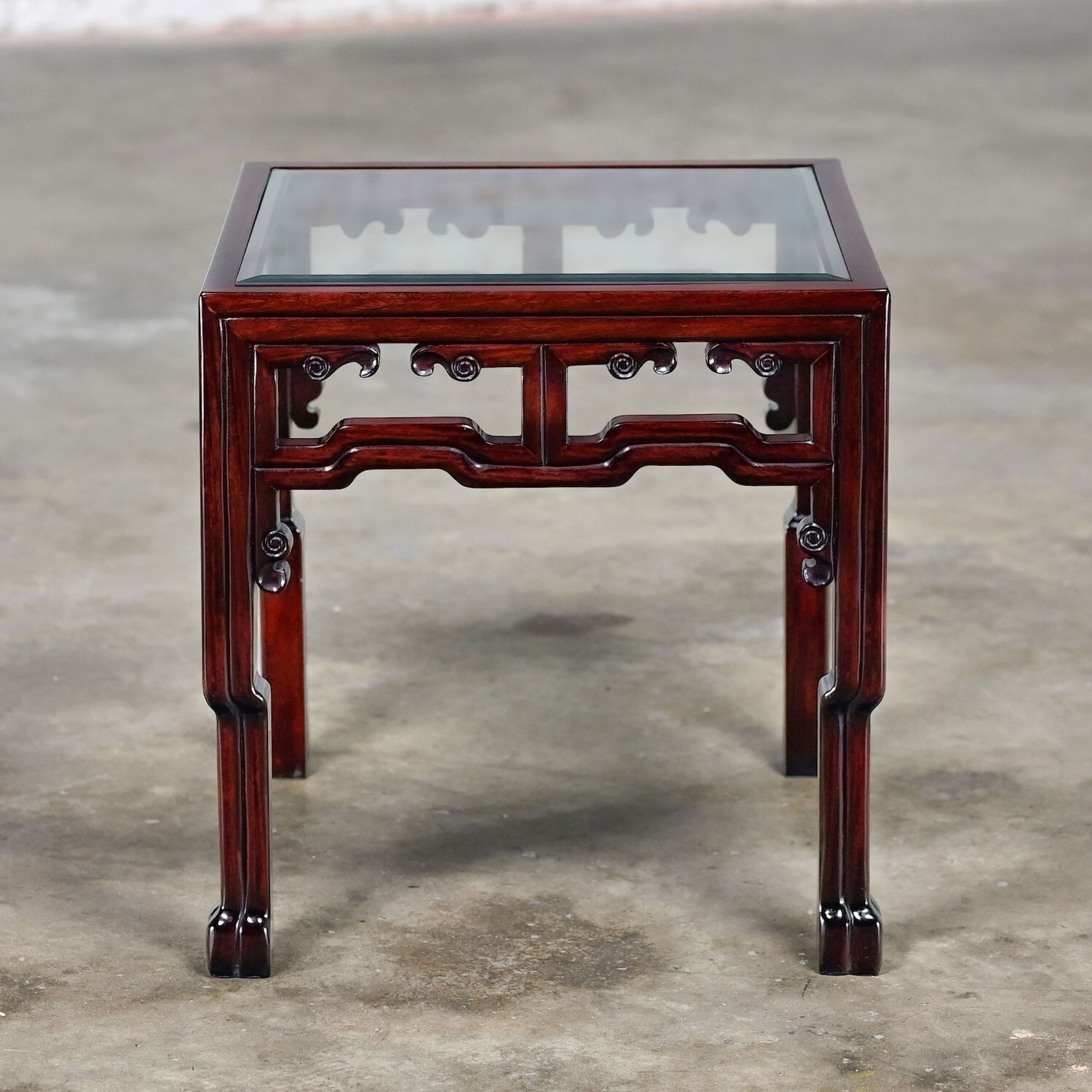 Ming Style Rosewood End or Side Table with Glass Inset Top Made in China