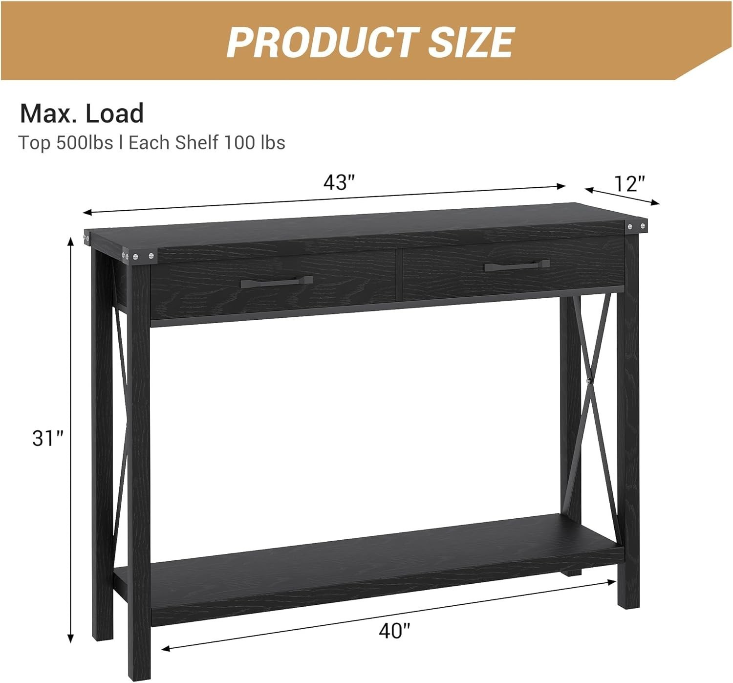 Console Table Open Shelf Accent Entryway Narrow Behind Sofa Table with 2 Drawer