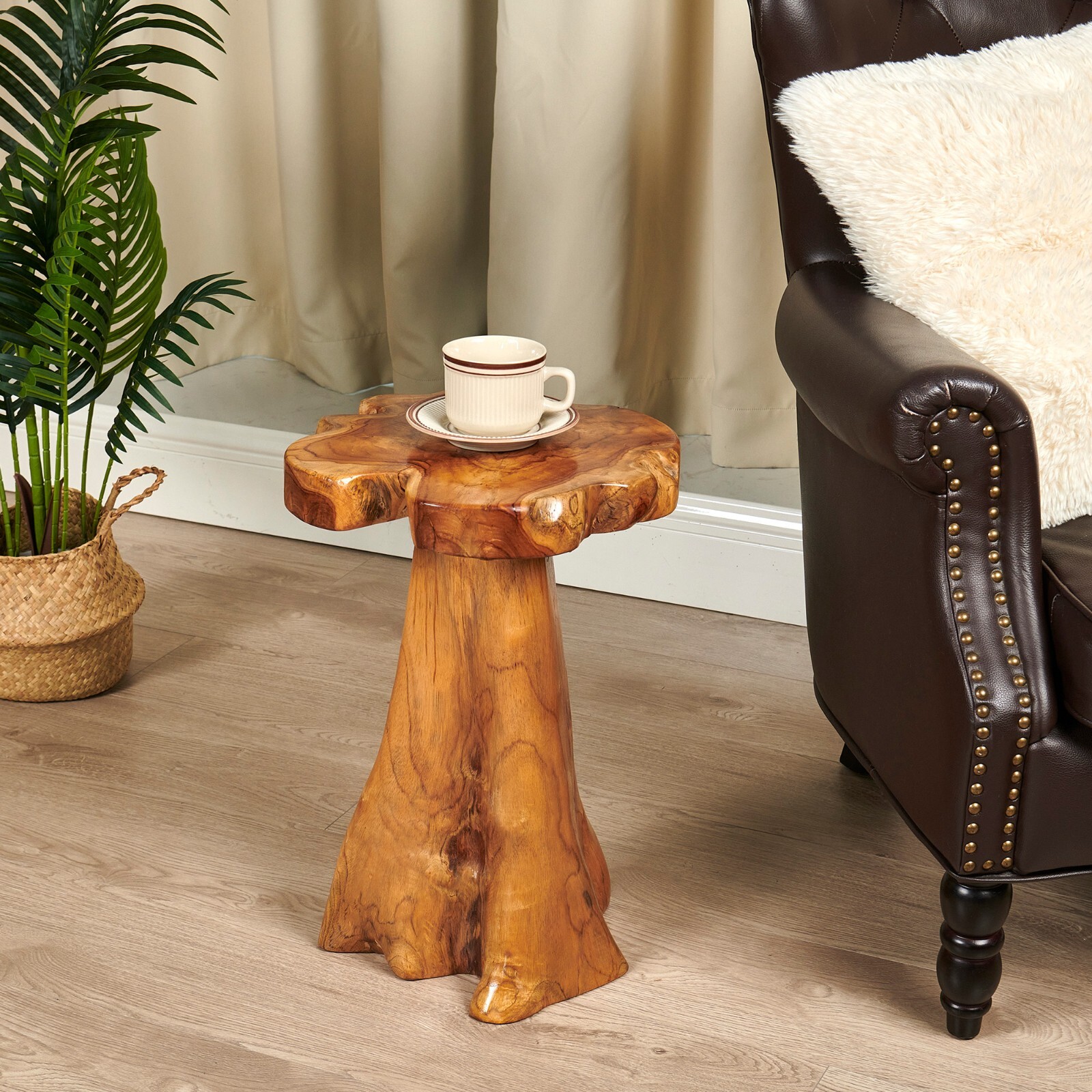 Rustic Teak Tree Stump Table – Live Edge Side Table or Stool, Natural Wood, Gift