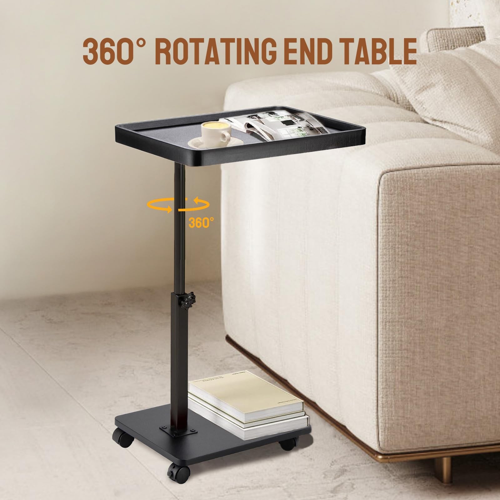 Adjustable C Shaped Side Table Wheels 360 Swivel Couch Sofa Glossy Black