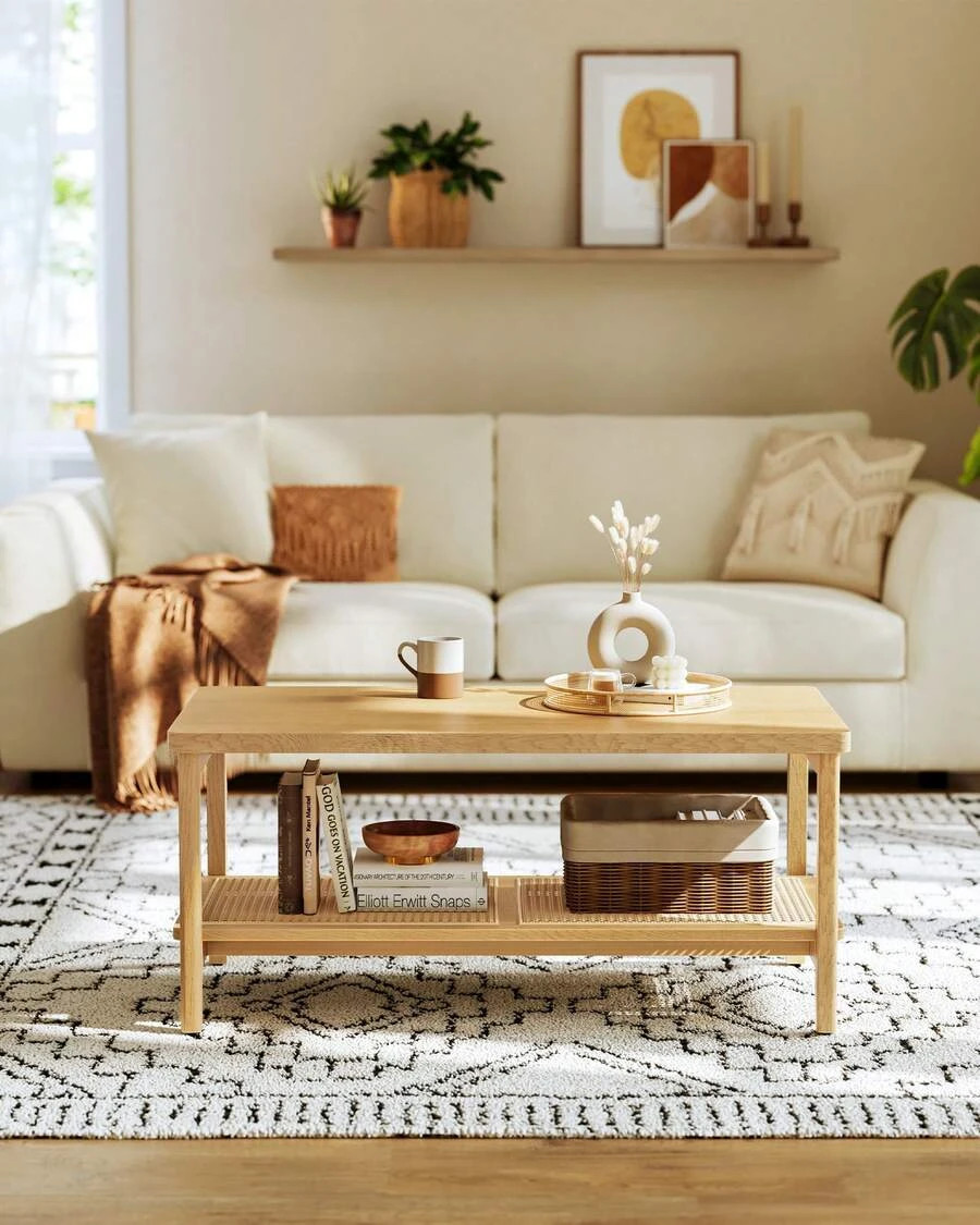 2-Tier Coffee Table Rectangular Center Table PVC Rattan Storage