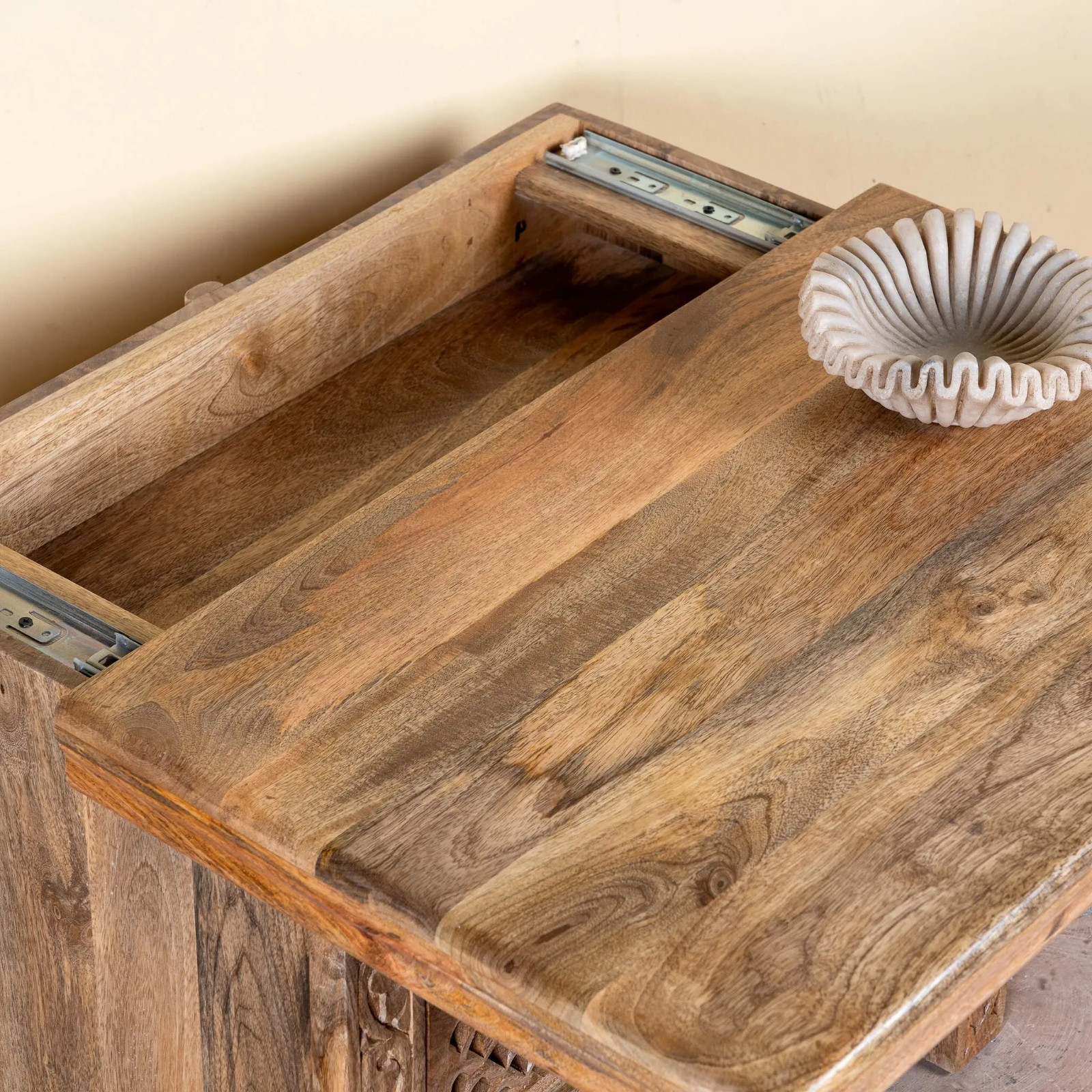 Artisan Handmade Bedside Table Solid Wood Hand Carved 44.5 × 39.5 × 59 cm