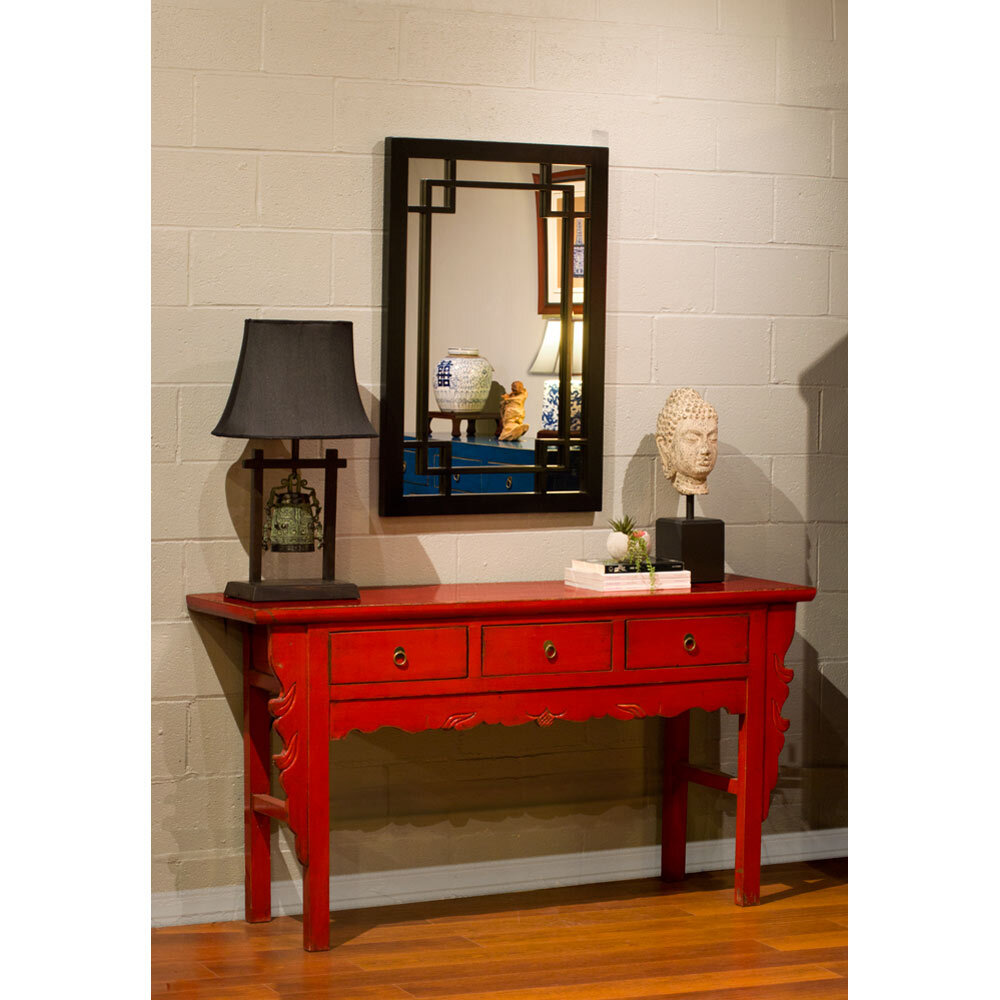 US Seller – Vintage Distressed Red Elmwood Oriental Console Table with Drawers
