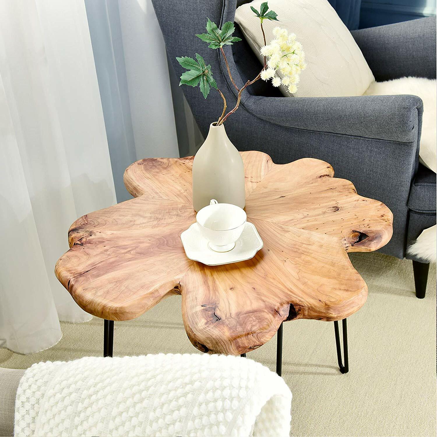 Natural Cedar Wood Slice Slab Coffee Table Live Edge, Hairpin Legs Heavy & Thick