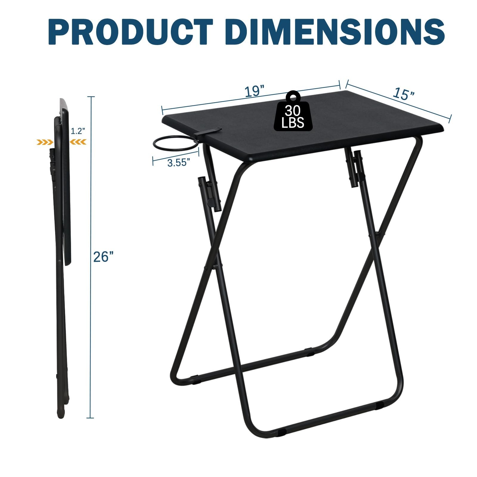 Folding TV Tray Set 4 Black MDF Metal Portable Dining Table Couch Sofa