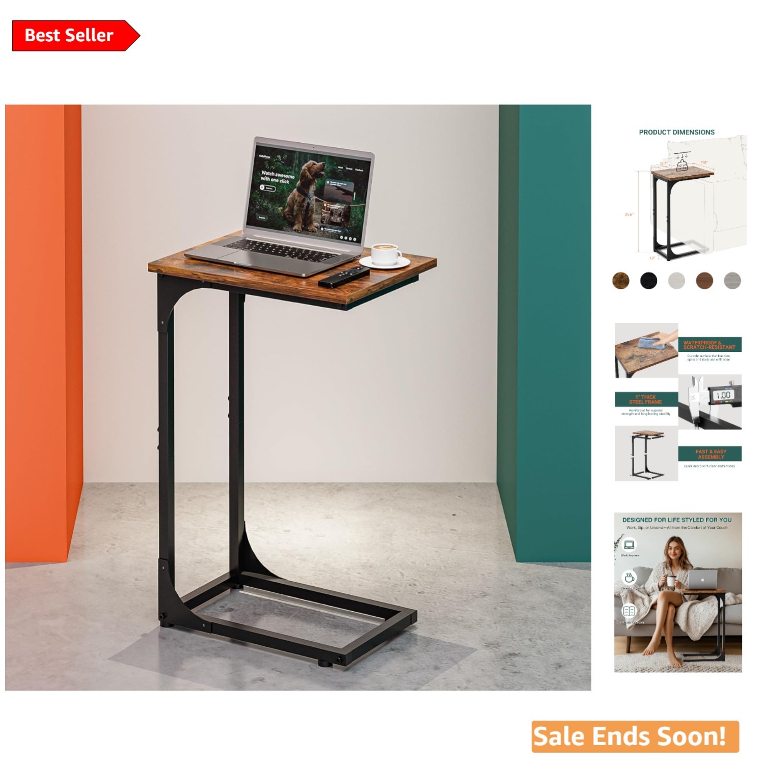 Compact C-Shaped Side Table with Waterproof Top – Rustic Brown & Metal Frame