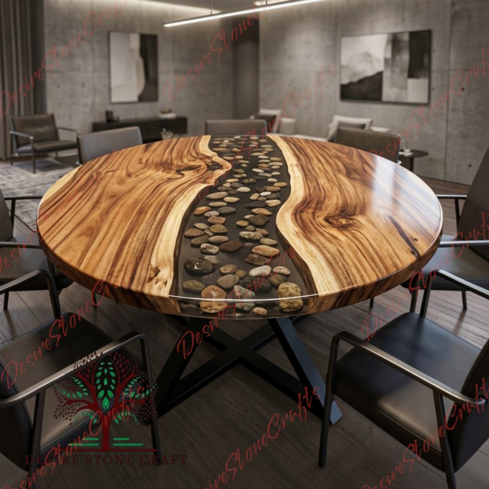Luxury Black Resin River Stone Round Dining Table Live Edge Wood Epoxy Table