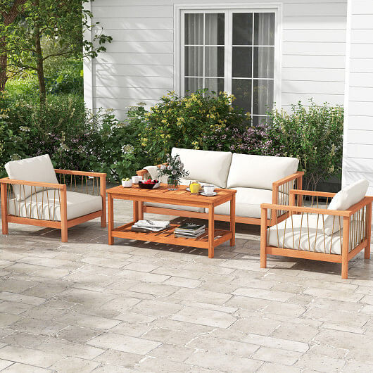 2-Tier Patio Coffee Table with Slatted Tabletop and Shelf – Color: Natural