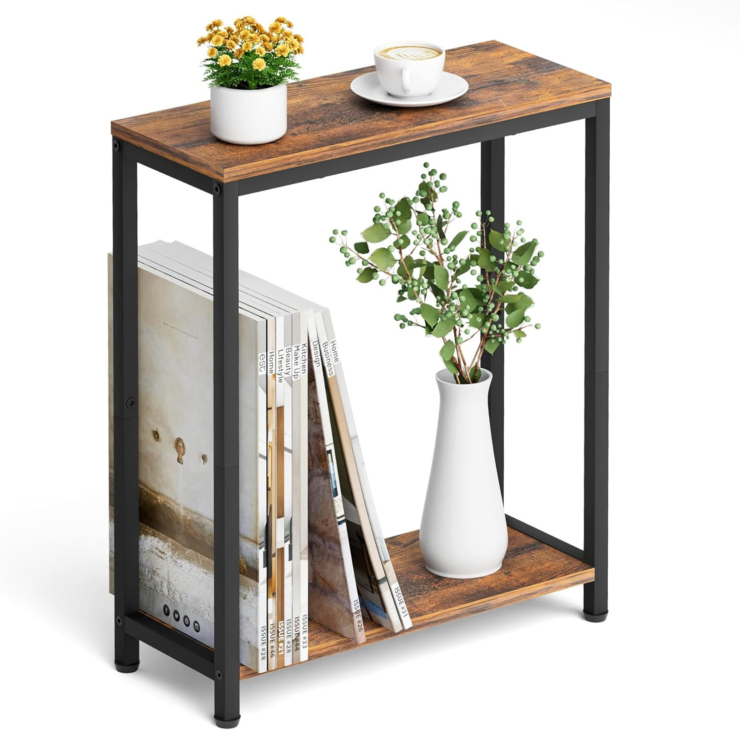 Narrow Small Side Table for Small Space, 2 Tier Sofa Skinny End T