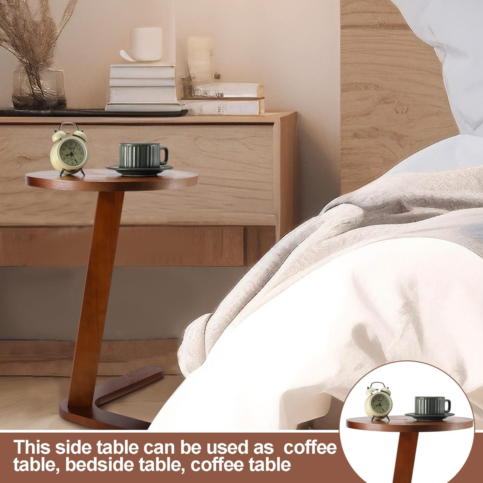 C Shaped Round End Table Solid Wood Handmade Side Table for Couch, Sofa, Livi…