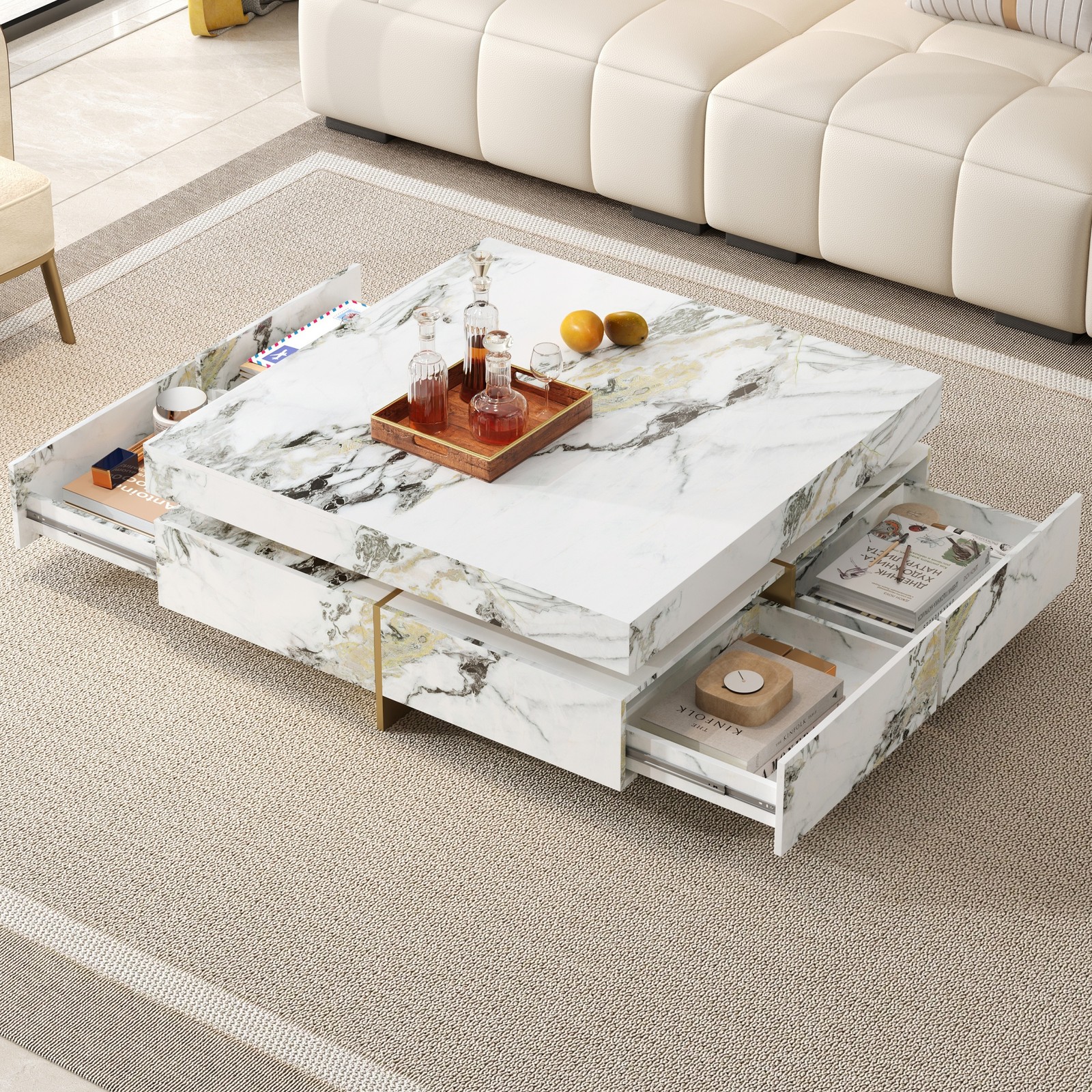 Modern White Square Marble Coffee Table with 4 Drawers, 43.3″
