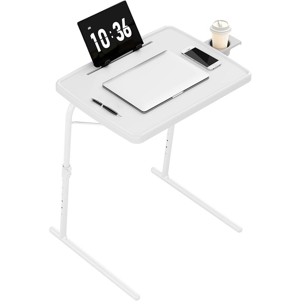 16.9″×22″ White Adjustable TV Tray Table with Book Stand Cup Holder Tablet Slot