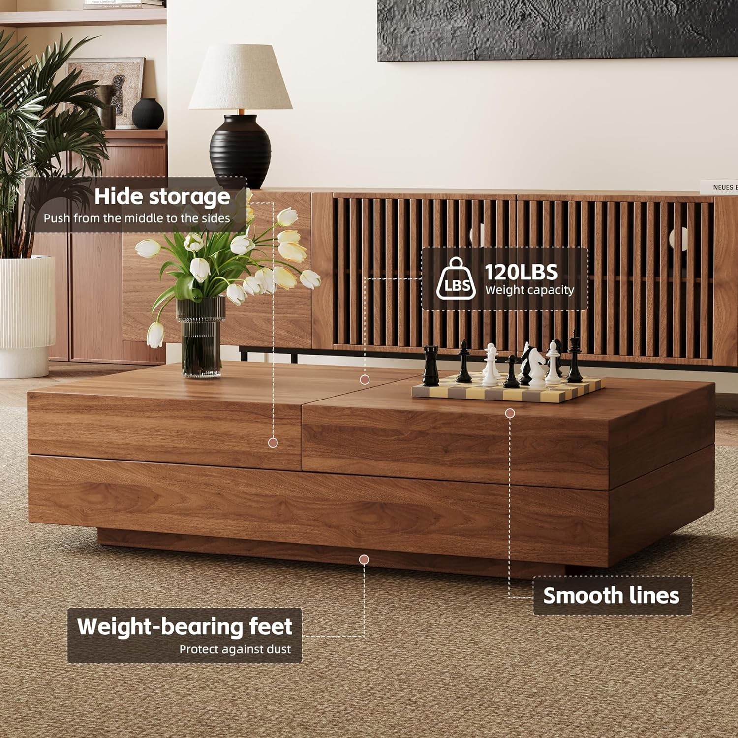 Mid Century Coffee Table with Storage Adjustable Table for Living Room Walnut