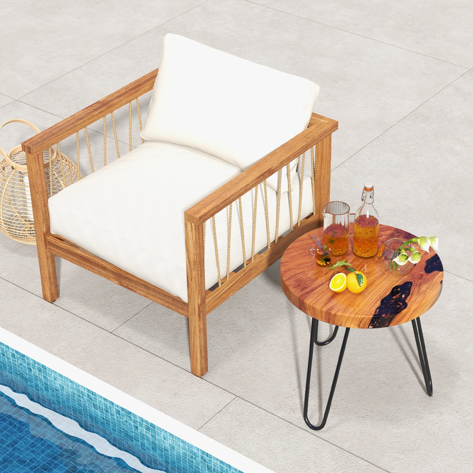 20″ Round Teak Wood End Table Solid Live Edge Outdoor Side Table w/Metal Frame