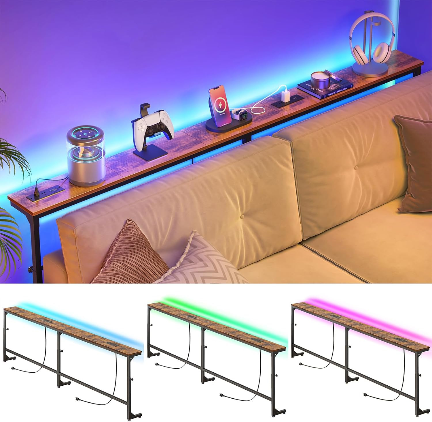 Adjustable Height Rustic Brown Sofa Table with LED Lights & Charging Station