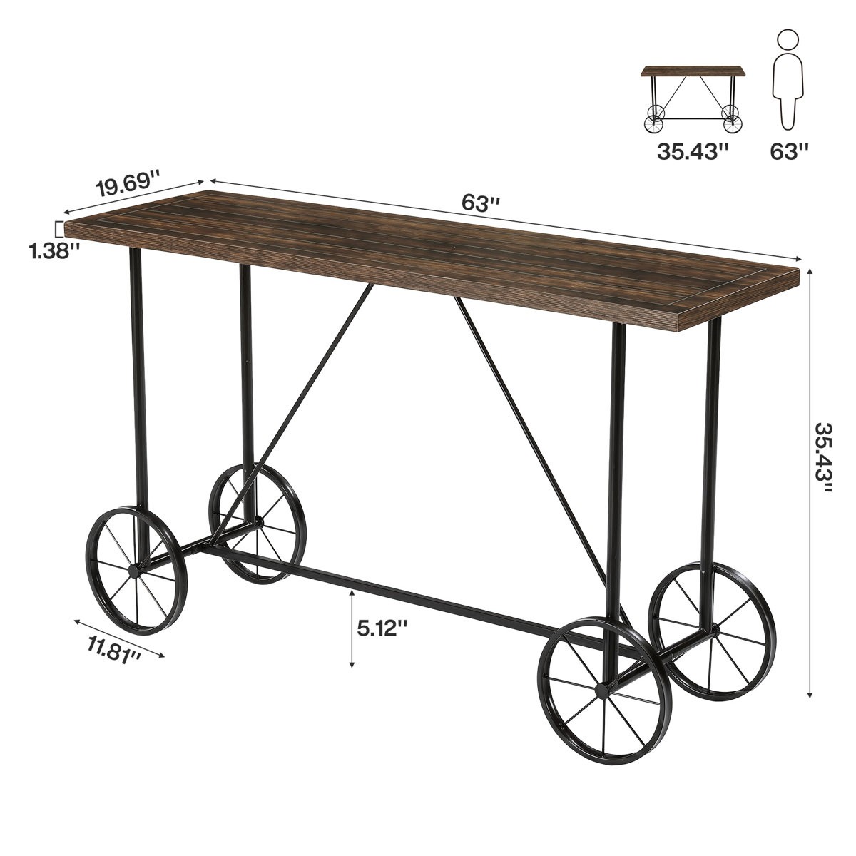 63-Inch Industrial Bar Table, Home Counter Height Pub Table with Metal Footrest