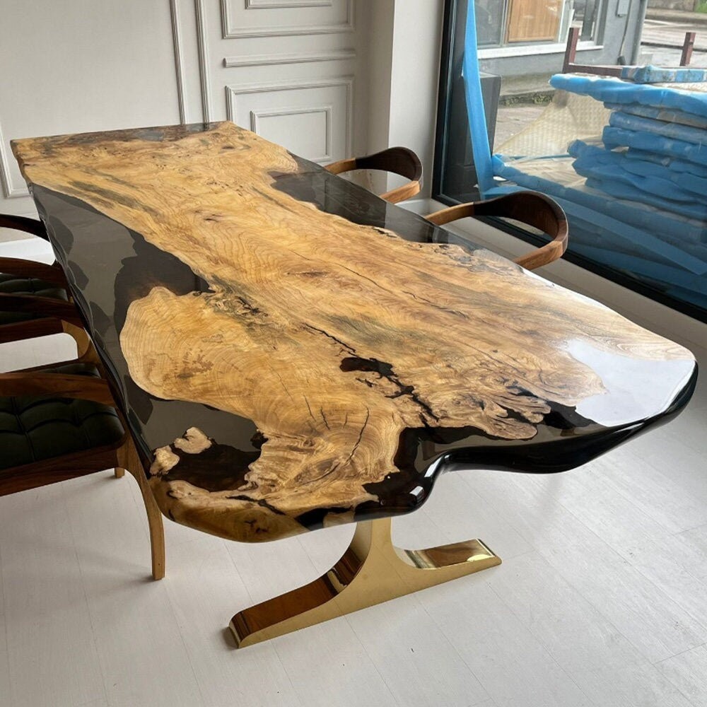 Solid Walnut Epoxy River Table Black Resin Luxury Dining Desk Live Edge Walnut