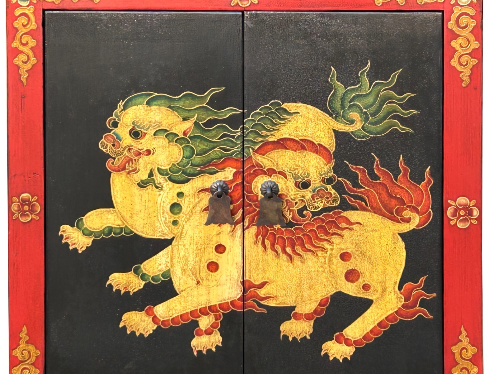 Tibetan Oriental Black Red Foo Dogs Lions End Table Nightstand GB164