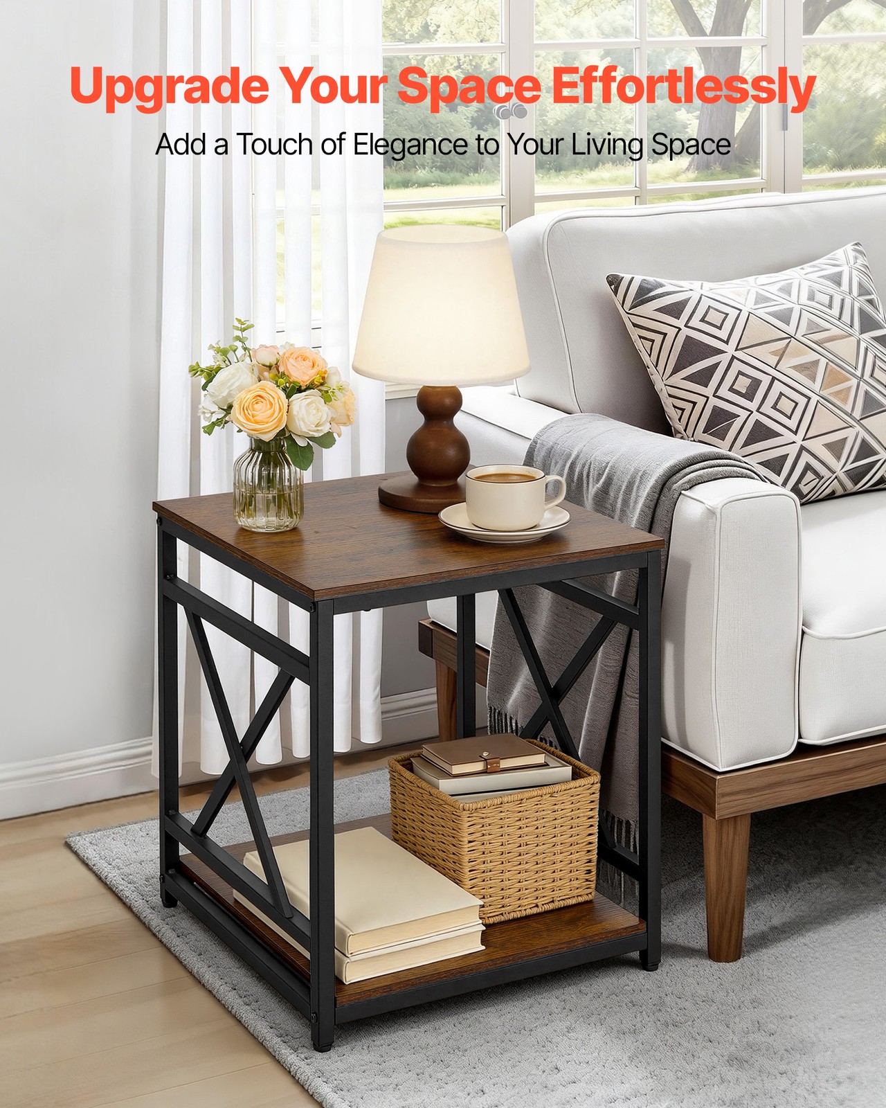 VEVOR End Table 2-Tier Square Side Table with Open Storage Shelves X Metal Frame