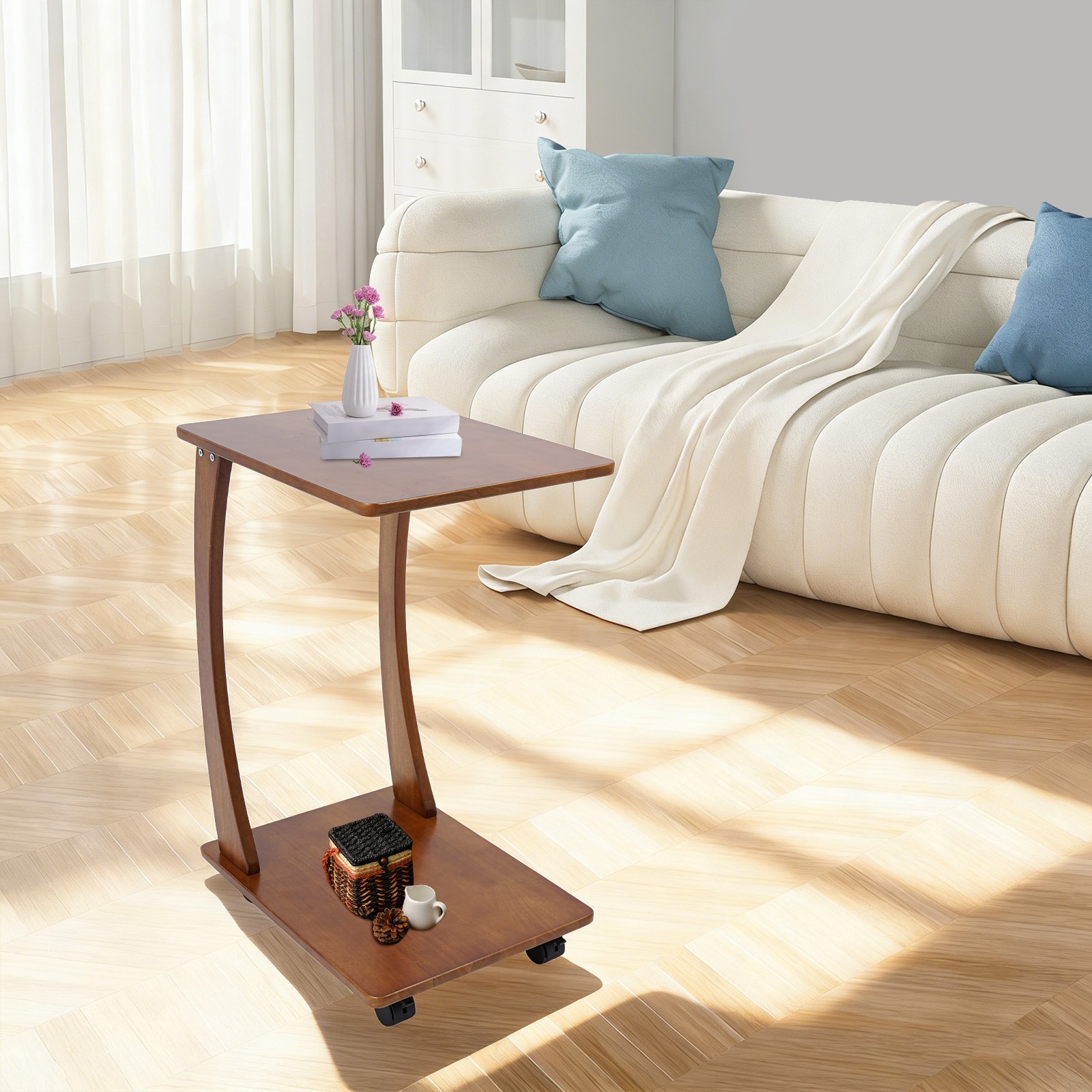 Solid Wood End Table With Rolling Wheels, C Shaped Side Table, Tv Tray Table