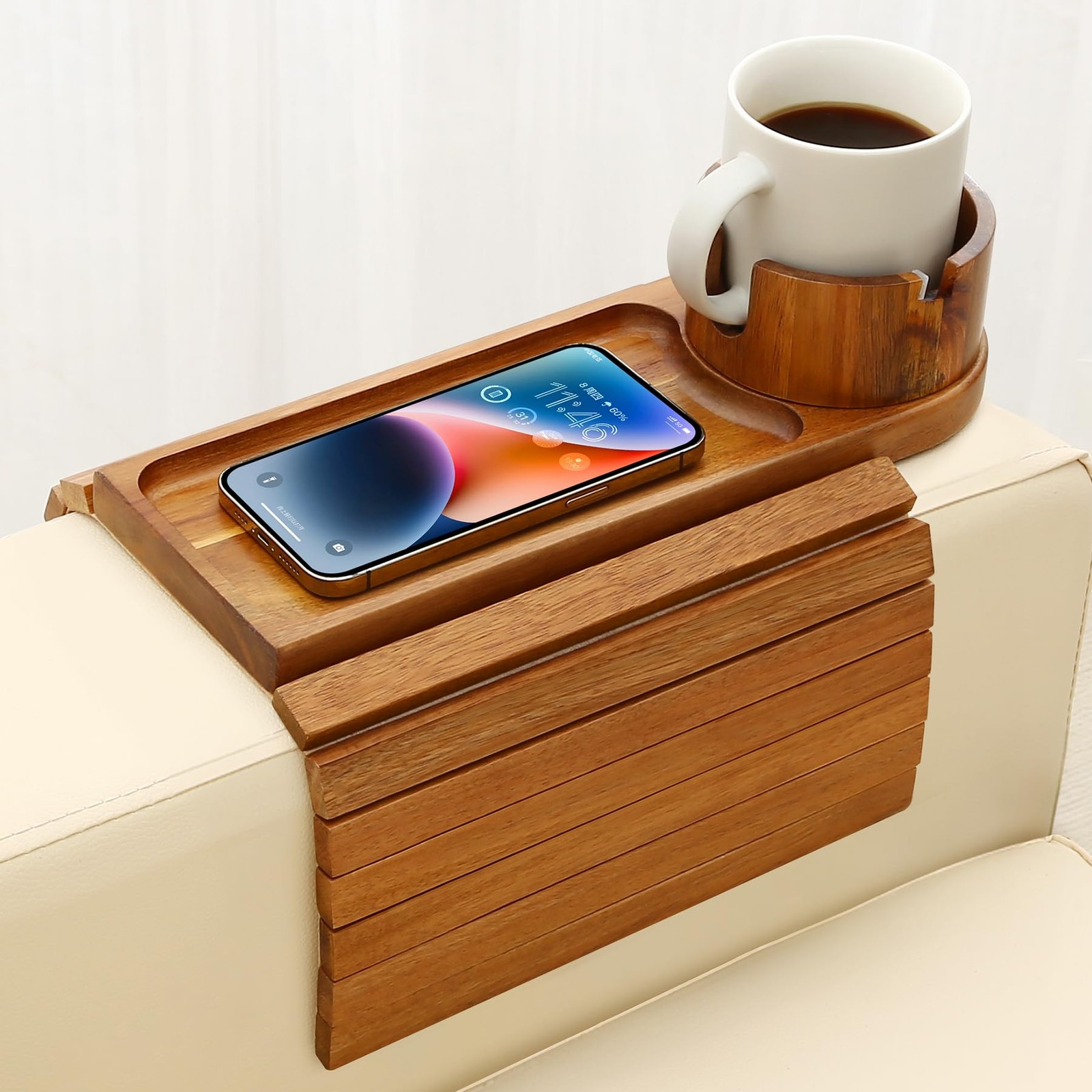 Couch Cup Holder Tray, 15.75″ Acacia Wood Couch Armrest Table, 3 in 1 Foldabl…