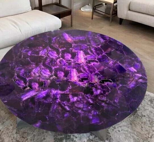 Amethyst Round Coffee Table Top Natural Semi Precious Random Gemstone Art