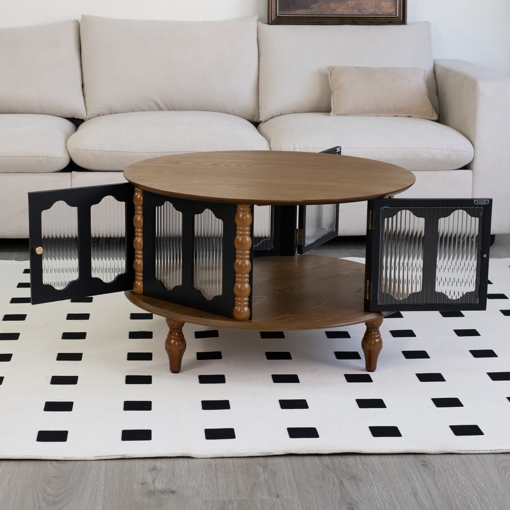 31.5 in Round Three-Door Storage Coffee Table Real Wood Veneer Coffee Table