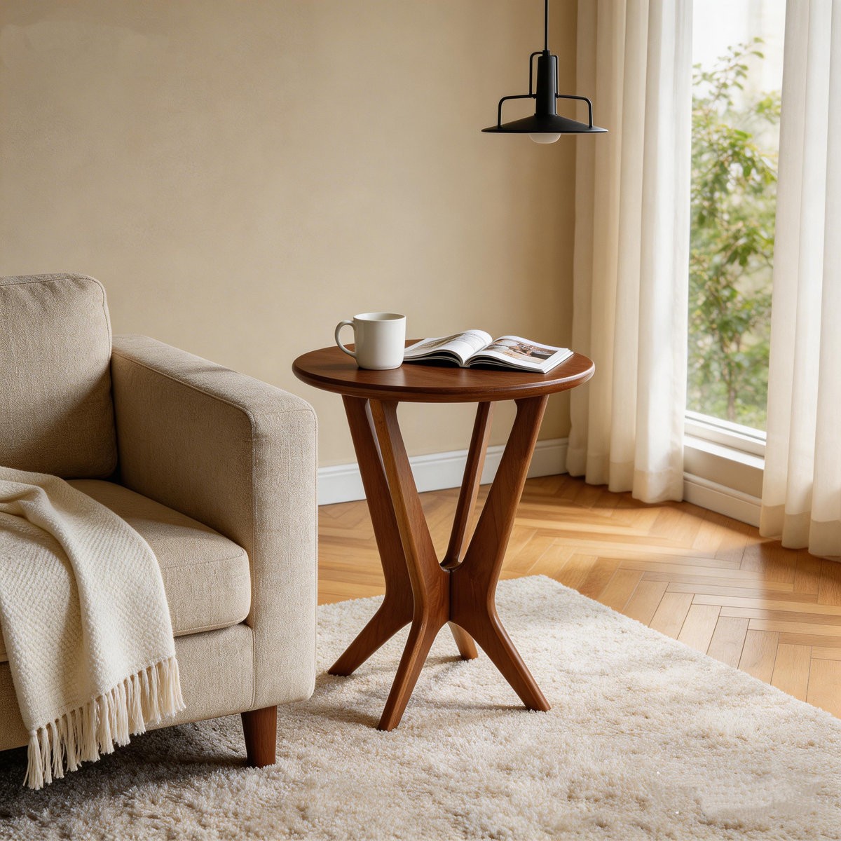 Solid Wood Round End Table 19.69” Mid-Century Modern Side Table for Living Room
