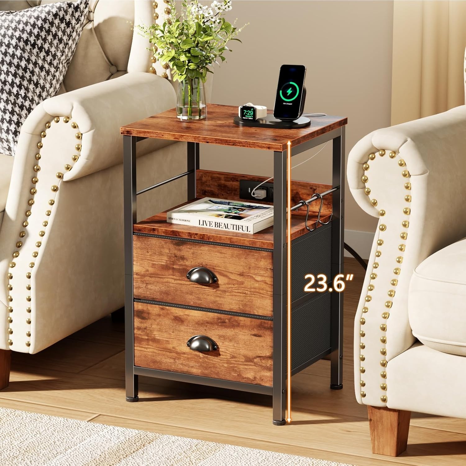 Innovative End Table with USB Charging, Hooks & Elegant Design for Any Room